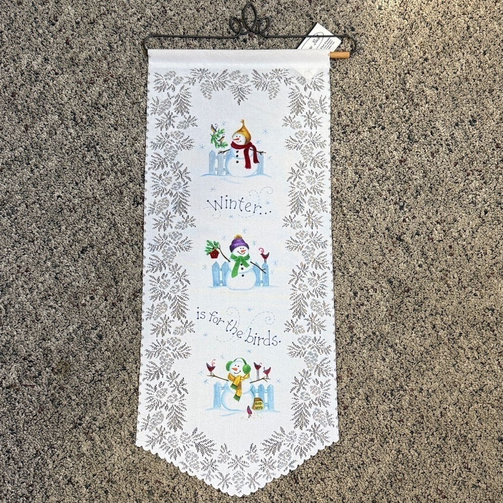 Heritage Lace Elegant White Fabric Christmas Holiday Banner Snowman Birds NWT